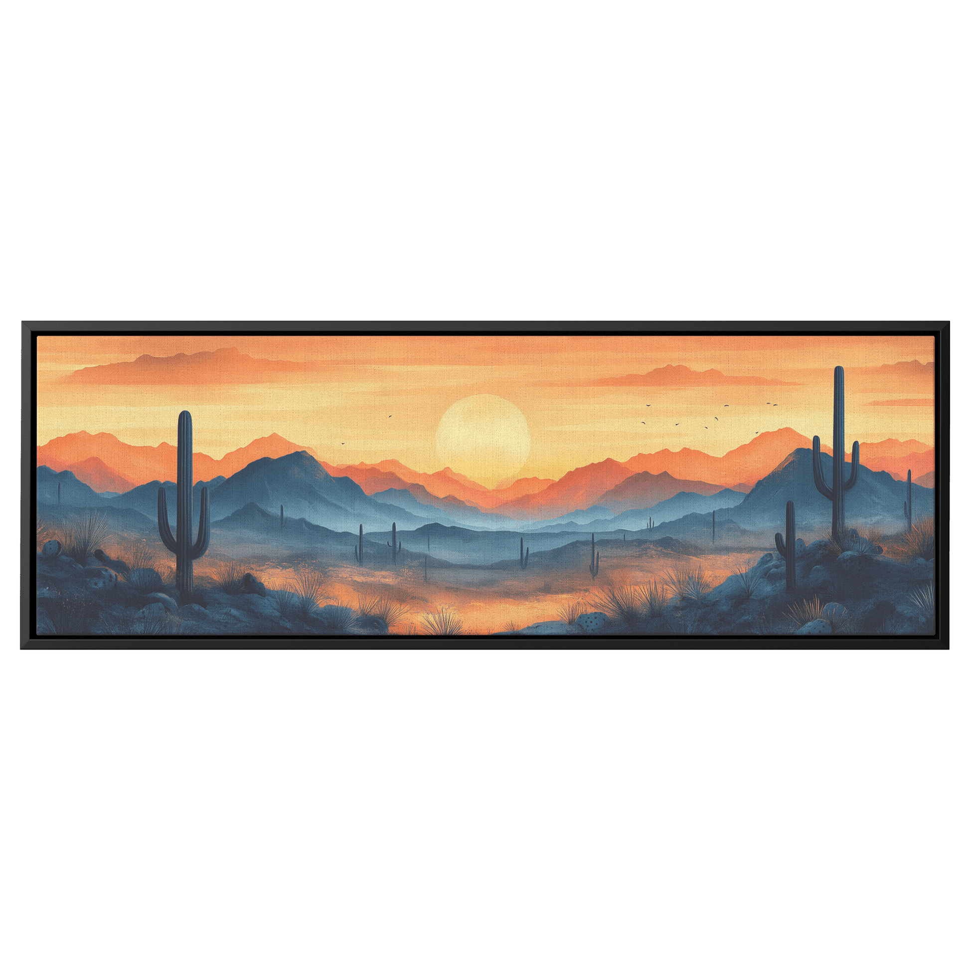 Desert Scene Serene Landscape Abstract Cacti Silhouettes Pale Beige Mountains Ultra High Definition Panoramic Framed Canvas Wall Art - Awakening Righteousness
