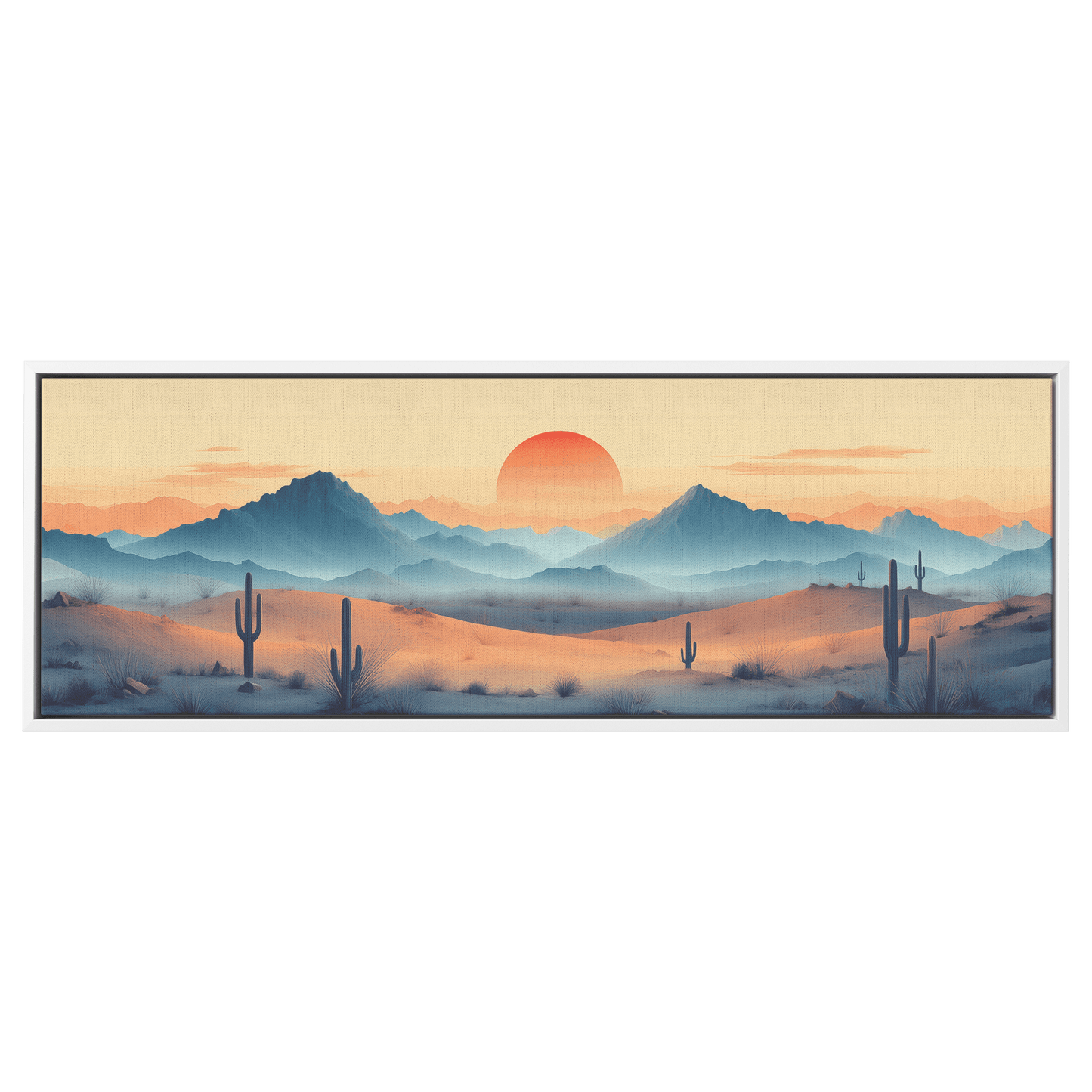 Desert Scene Serene Landscape Abstract Cacti Silhouettes Pale Beige Mountains Ultra High Definition Panoramic Framed Canvas Wall Art - Awakening Righteousness