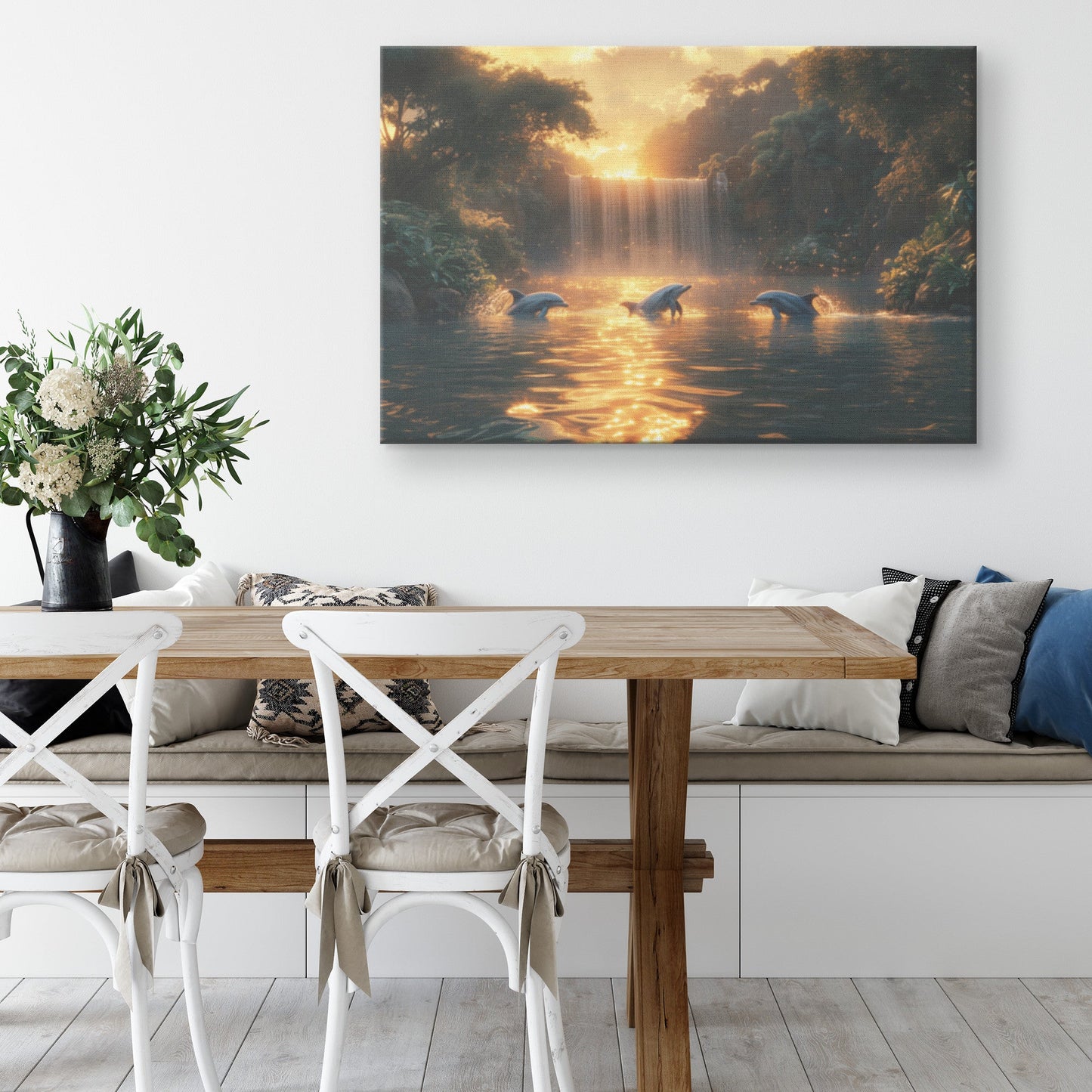 Dolphin Jumping Through Glowing Waves with Massive Full Moon in the Background Canvas Wall Art Decor - Awakening Righteousness