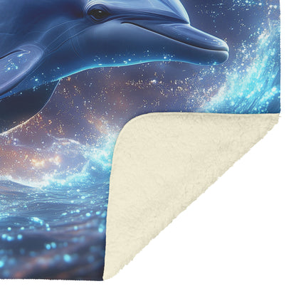Dolphin Swimming Gracefully in Bioluminescent Ocean Glowing Blue Green Light Trails Magical Ethereal Fleece Sherpa Blanket - Awakening Righteousness