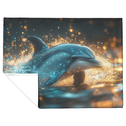 Dolphin Swimming Gracefully in Bioluminescent Ocean Glowing Blue Green Light Trails Magical Ethereal Sherpa Blanket - Awakening Righteousness
