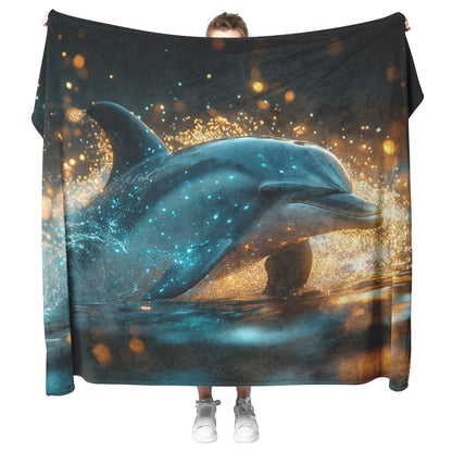 Dolphin Swimming Gracefully in Bioluminescent Ocean Glowing Blue Green Light Trails Magical Ethereal Sherpa Blanket - Awakening Righteousness