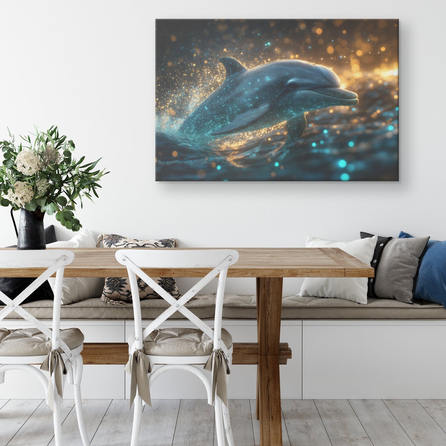 Dolphin Swimming Gracefully Through Bioluminescent Ocean with Glowing Blue and Green Light Trails Magical Canvas Art - Awakening Righteousness