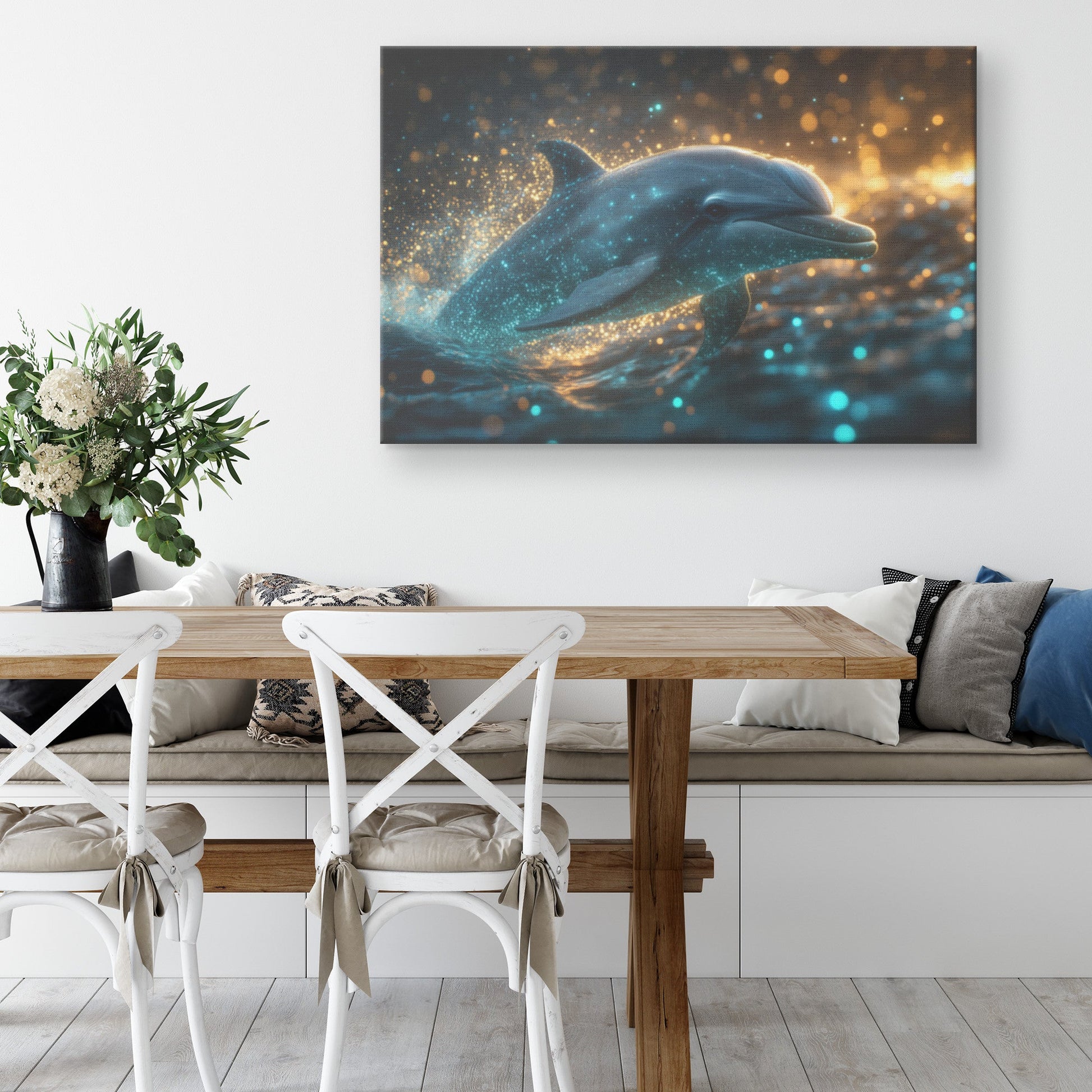 Dolphin Swimming Gracefully Through Bioluminescent Ocean with Glowing Blue and Green Light Trails Magical Canvas Art - Awakening Righteousness
