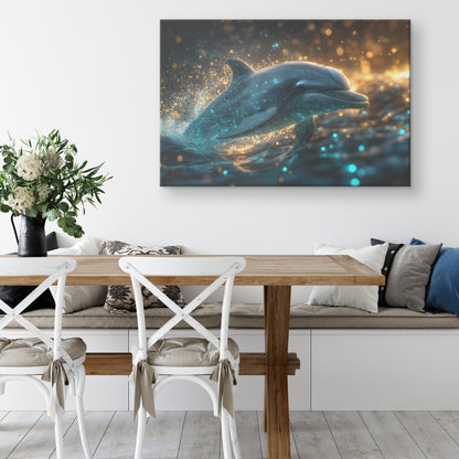 Dolphin Swimming Gracefully Through Bioluminescent Ocean with Glowing Blue and Green Light Trails Magical Canvas Art - Awakening Righteousness