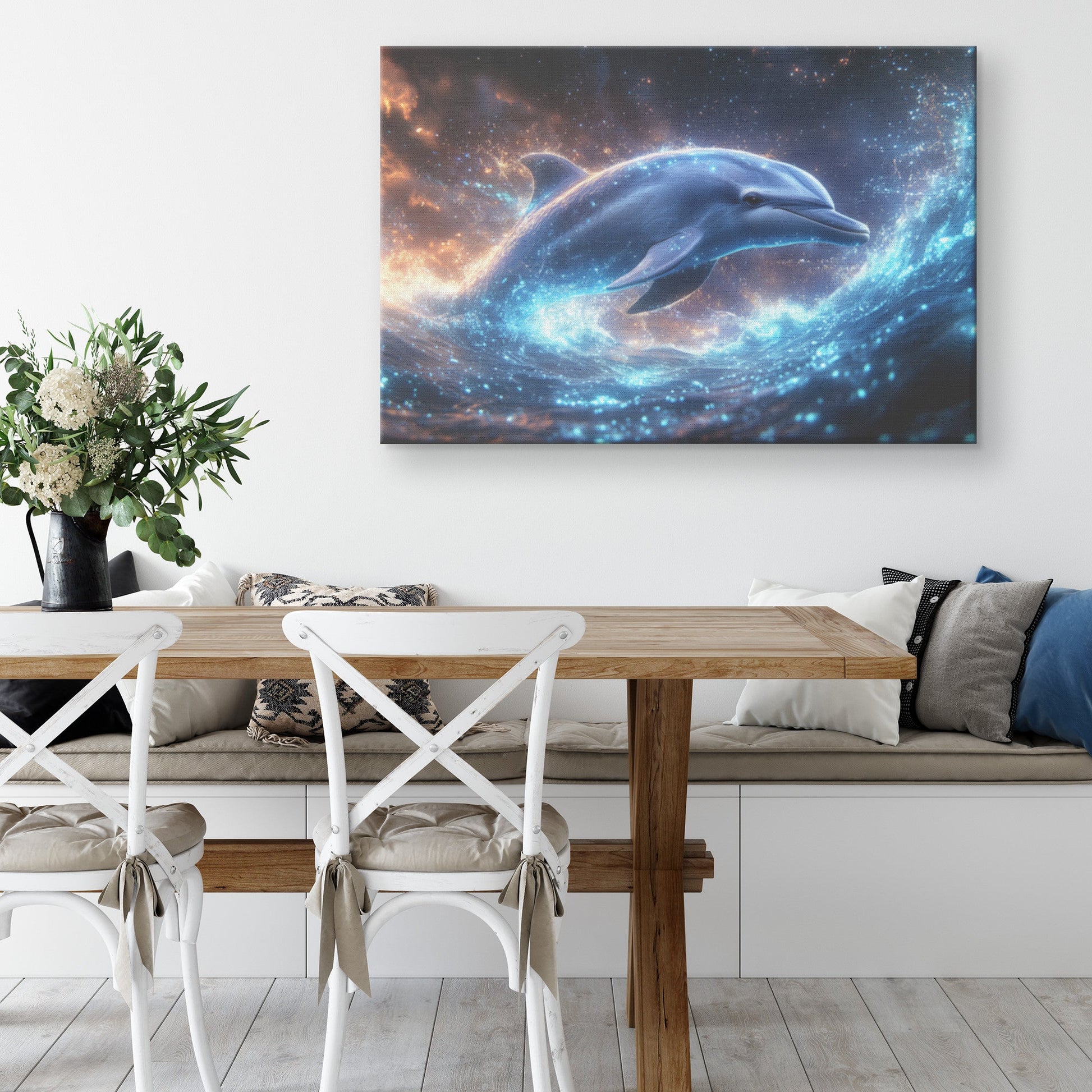Dolphin Swimming Gracefully Through Bioluminescent Ocean with Glowing Blue and Green Light Trails Magical Canvas Art - Awakening Righteousness