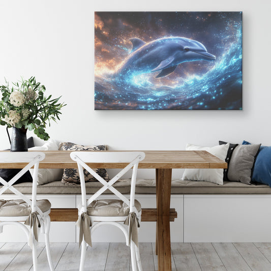 Dolphin Swimming Gracefully Through Bioluminescent Ocean with Glowing Blue and Green Light Trails Magical Canvas Art - Awakening Righteousness