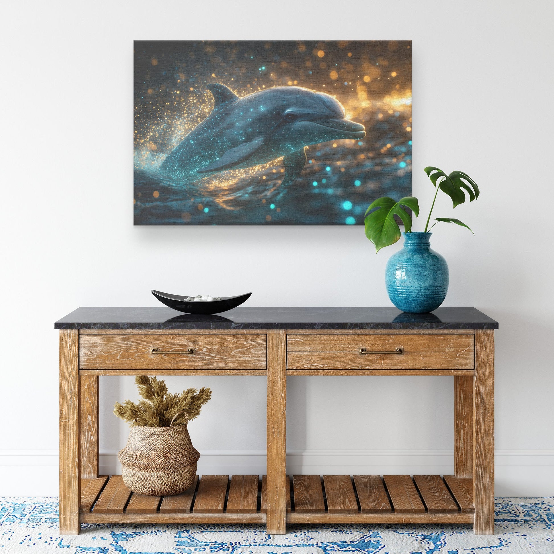 Dolphin Swimming Gracefully Through Bioluminescent Ocean with Glowing Blue and Green Light Trails Magical Canvas Art - Awakening Righteousness