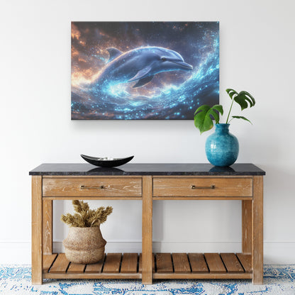 Dolphin Swimming Gracefully Through Bioluminescent Ocean with Glowing Blue and Green Light Trails Magical Canvas Art - Awakening Righteousness