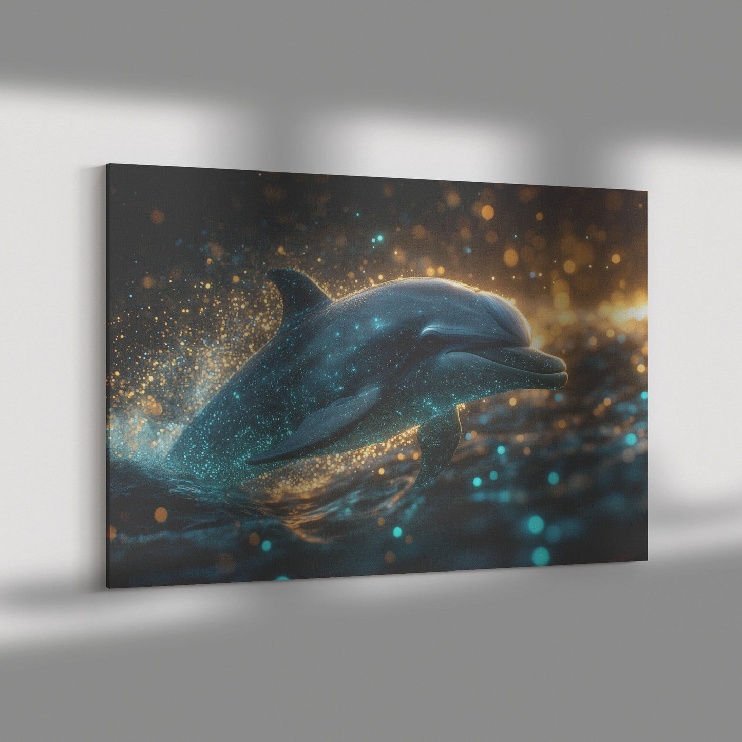 Dolphin Swimming Gracefully Through Bioluminescent Ocean with Glowing Blue and Green Light Trails Magical Canvas Art - Awakening Righteousness