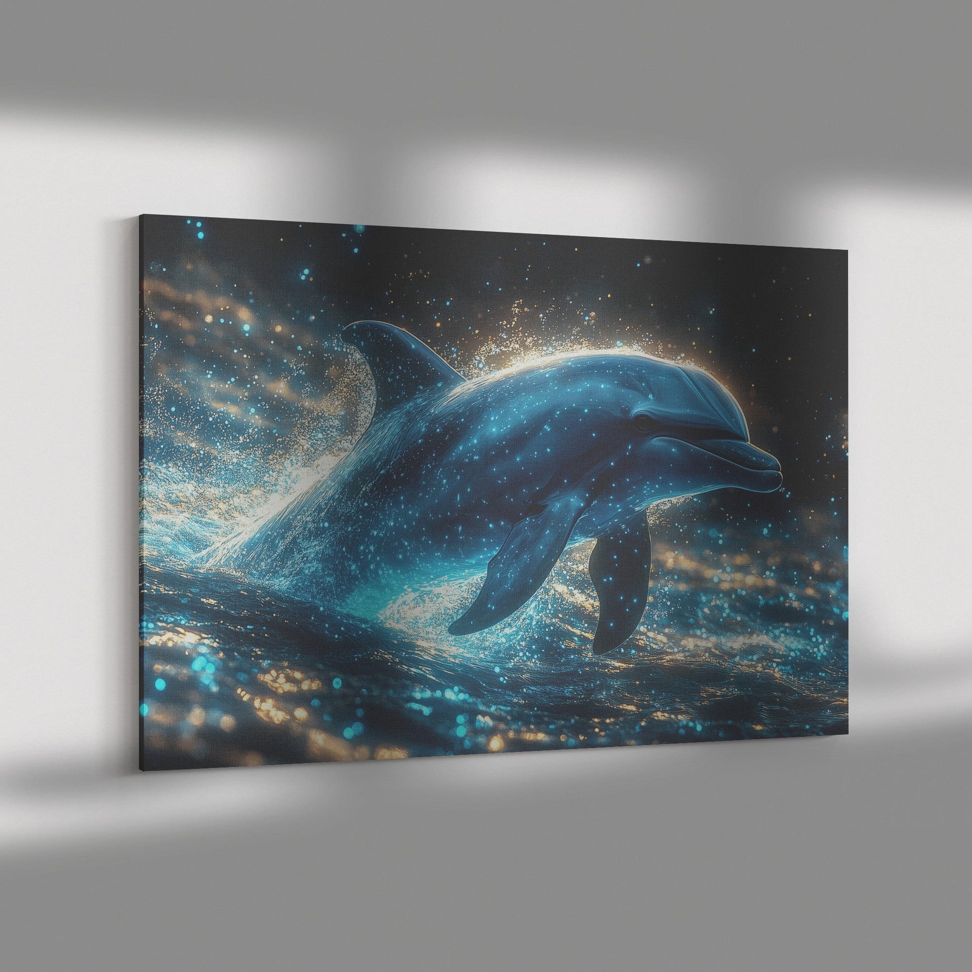 Dolphin Swimming Gracefully Through Bioluminescent Ocean with Glowing Blue and Green Light Trails Magical Canvas Art - Awakening Righteousness