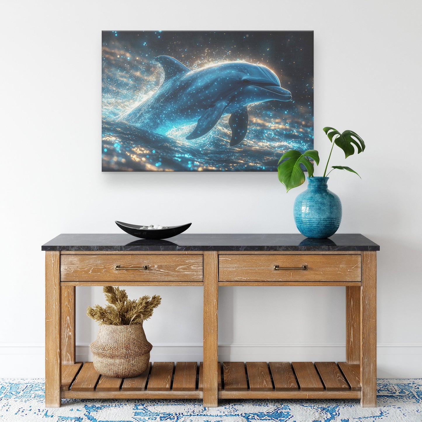 Dolphin Swimming Gracefully Through Bioluminescent Ocean with Glowing Blue and Green Light Trails Magical Canvas Art - Awakening Righteousness