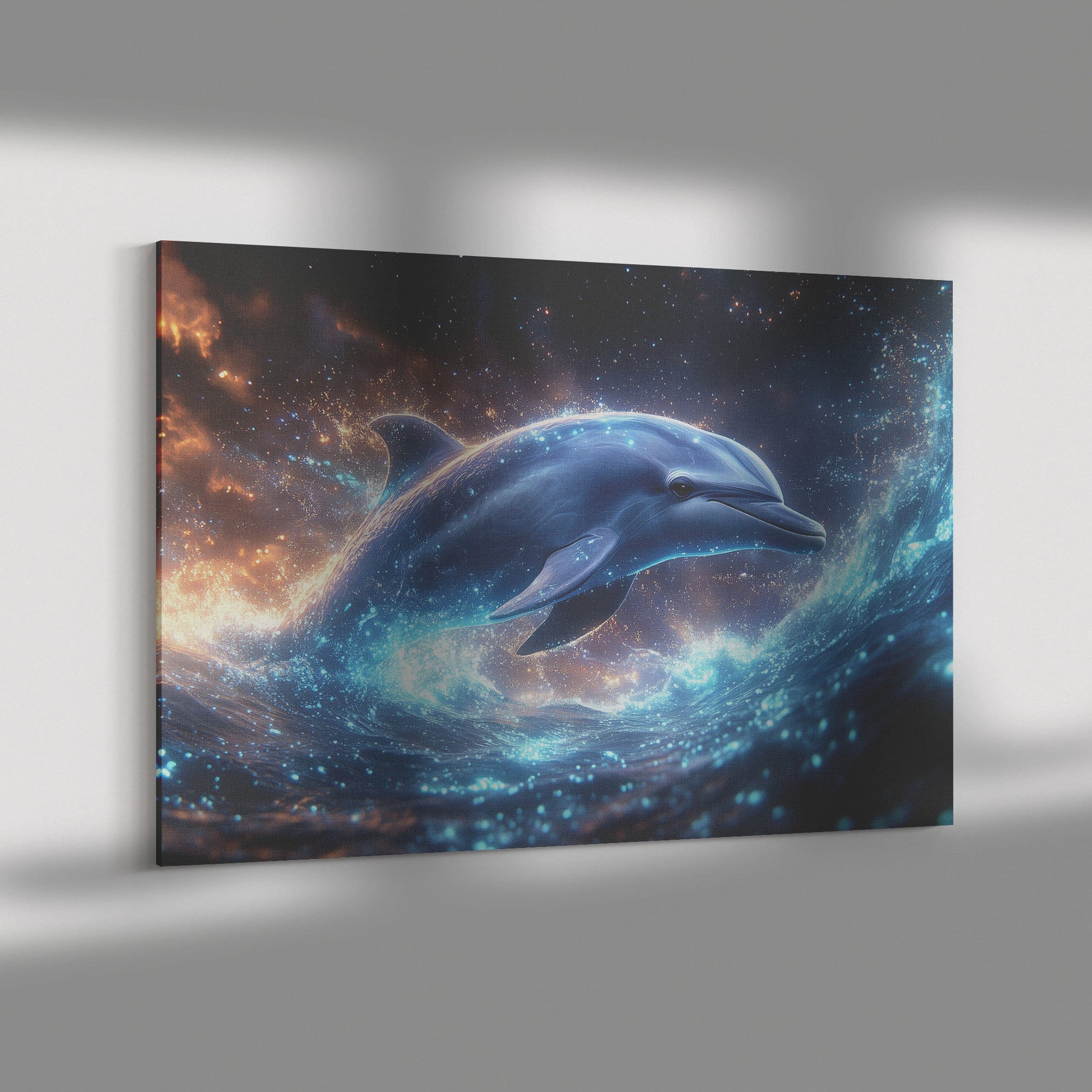 Dolphin Swimming Gracefully Through Bioluminescent Ocean with Glowing Blue and Green Light Trails Magical Canvas Art - Awakening Righteousness