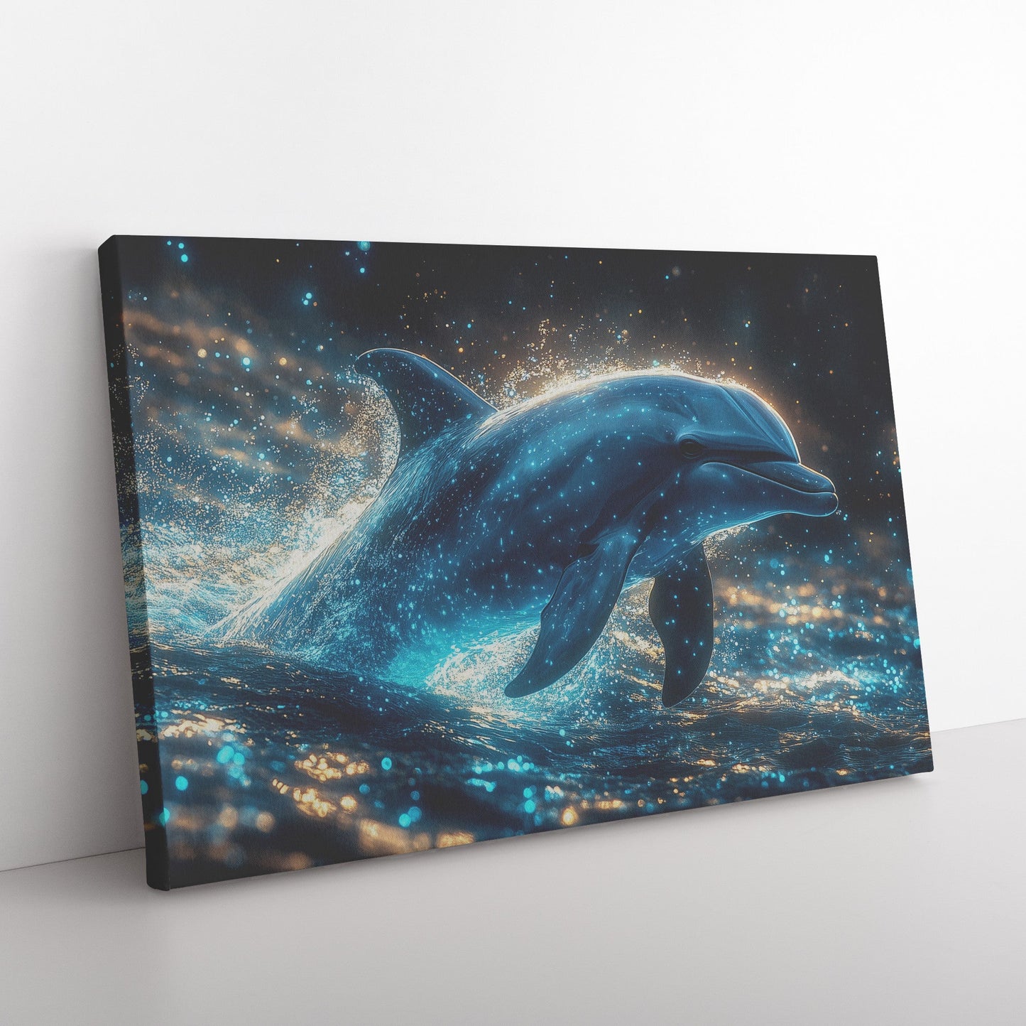 Dolphin Swimming Gracefully Through Bioluminescent Ocean with Glowing Blue and Green Light Trails Magical Canvas Art - Awakening Righteousness