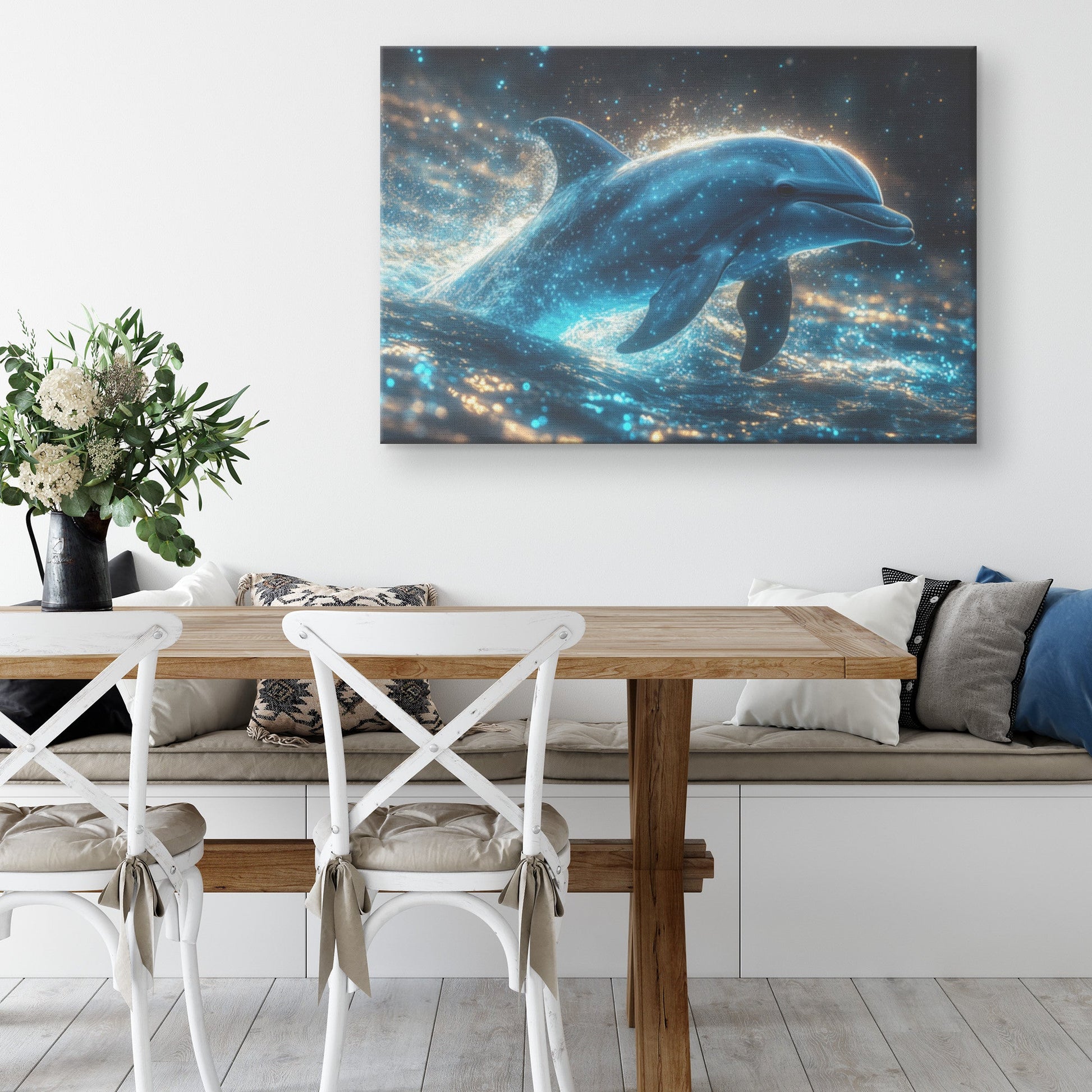 Dolphin Swimming Gracefully Through Bioluminescent Ocean with Glowing Blue and Green Light Trails Magical Canvas Art - Awakening Righteousness