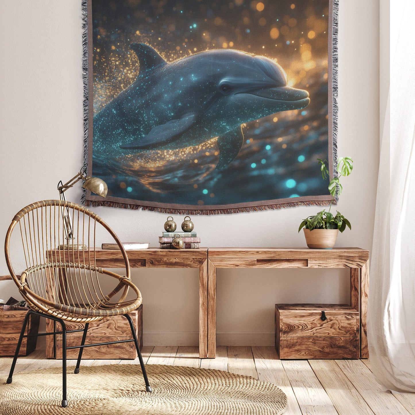 Dolphin Swimming Gracefully Through Bioluminescent Ocean with Glowing Blue and Green Light Trails Woven Throw Blanket - Awakening Righteousness