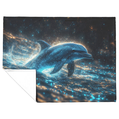 Dolphin Swimming Through Bioluminescent Ocean Glowing Blue Green Light Trails Magical Ethereal Fleece Sherpa Blanket - Awakening Righteousness