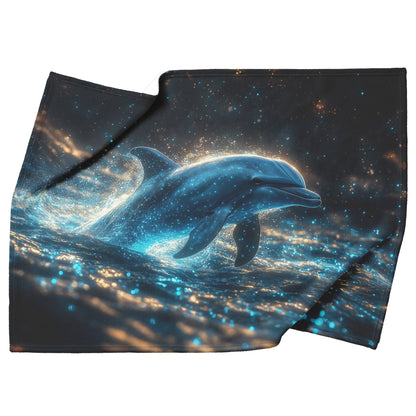 Dolphin Swimming Through Bioluminescent Ocean Glowing Blue Green Light Trails Magical Ethereal Fleece Sherpa Blanket - Awakening Righteousness