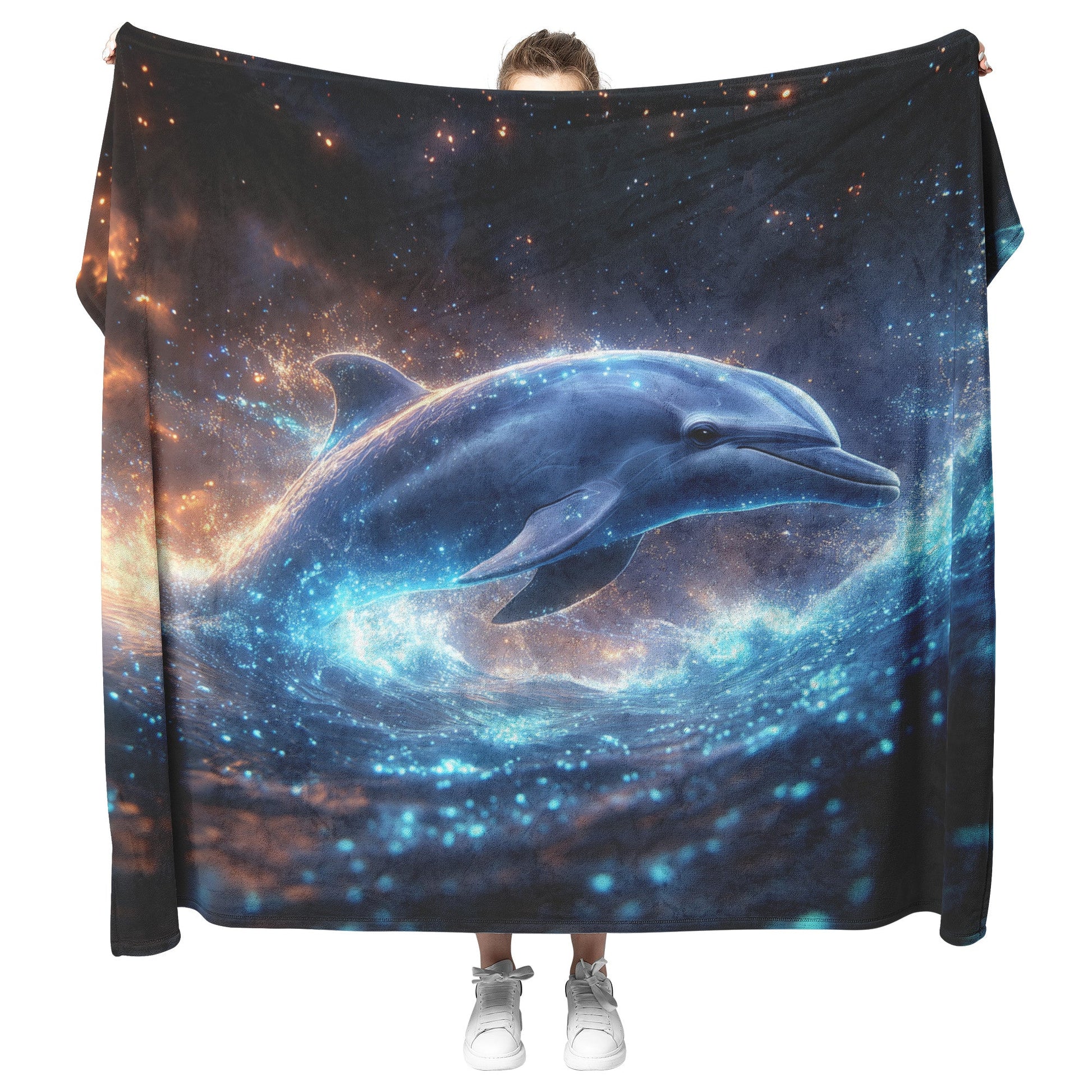 Dolphin Swimming Through Bioluminescent Ocean Glowing Blue Green Light Trails Magical Ethereal Fleece Sherpa Blanket - Awakening Righteousness