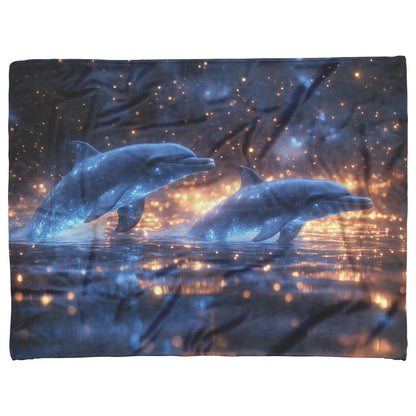Dolphins Glowing Softly Swimming Through Bioluminescent Waters Star Filled Sky Peaceful Surreal Fleece Sherpa Blanket - Awakening Righteousness
