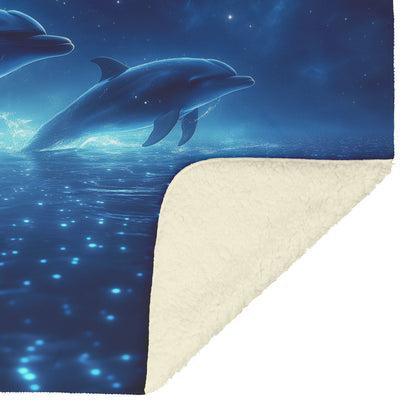 Dolphins Glowing Softly Swimming Through Bioluminescent Waters Star Filled Sky Peaceful Surreal Fleece Sherpa Blanket - Awakening Righteousness