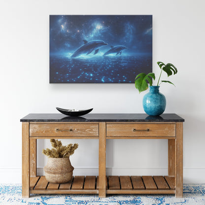 Dolphins Glowing Softly Swimming Through Bioluminescent Waters Under Star Filled Sky Canvas Wall Art Decor - Awakening Righteousness