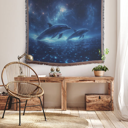 Dolphins Glowing Softly While Swimming Through Bioluminescent Waters Under Star Filled Sky Woven Throw Blanket - Awakening Righteousness