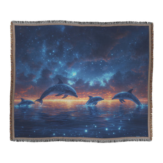 Dolphins Glowing Softly While Swimming Through Bioluminescent Waters Under Star Filled Sky Woven Throw Blanket - Awakening Righteousness