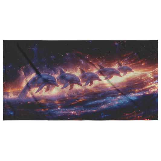 Dolphins Jumping in Synchronized Arcs Through Glowing Bioluminescent Waves at Twilight Beach Towel - Awakening Righteousness