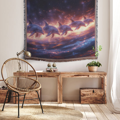 Dolphins Jumping in Synchronized Arcs Through Glowing Bioluminescent Waves at Twilight Woven Throw Blanket - Awakening Righteousness