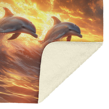 Dolphins Jumping Through Glowing Waves Golden Sunset Vibrant Water Shimmering Fleece Sherpa Blanket - Awakening Righteousness