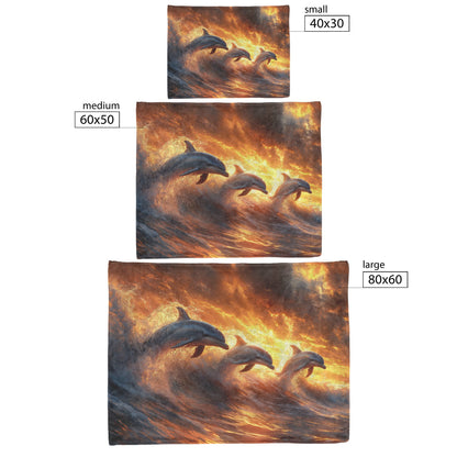 Dolphins Jumping Through Glowing Waves Golden Sunset Vibrant Water Shimmering Fleece Sherpa Blanket - Awakening Righteousness