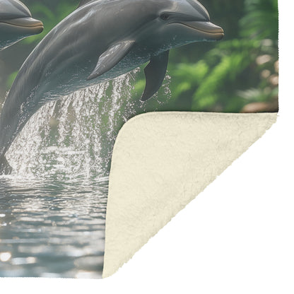 Dolphins Leaping by Waterfall in Lush Jungle Cozy Fleece Sherpa Blanket - Awakening Righteousness