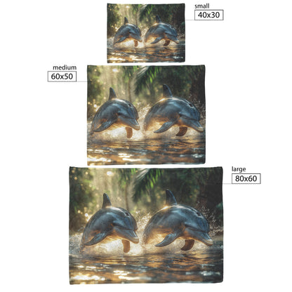 Dolphins Leaping in Jungle River with Lush Vegetation Cozy Fleece Sherpa Blanket - Awakening Righteousness