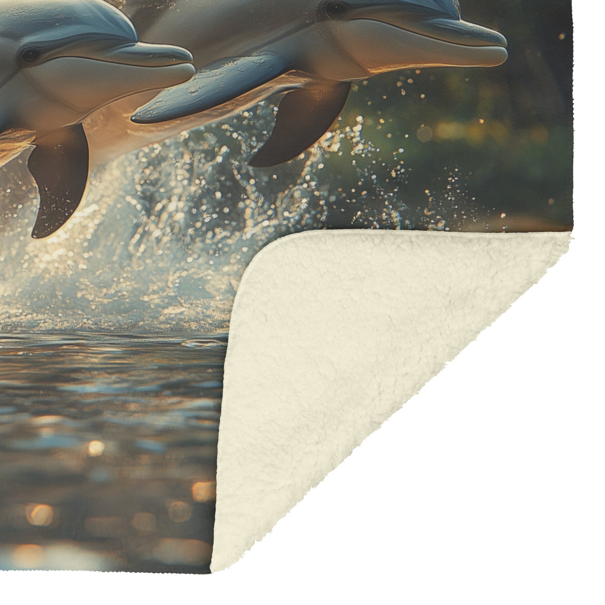 Dolphins Leaping over Crystal Clear Waters with Lush Greenery in Morning Light Fleece Sherpa Blanket - Awakening Righteousness