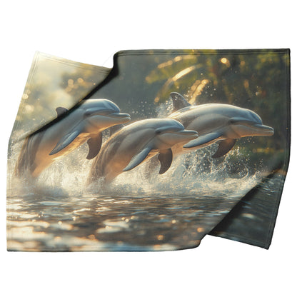 Dolphins Leaping over Crystal Clear Waters with Lush Greenery in Morning Light Fleece Sherpa Blanket - Awakening Righteousness