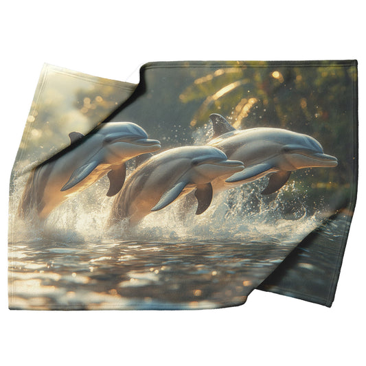 Dolphins Leaping over Crystal Clear Waters with Lush Greenery in Morning Light Fleece Sherpa Blanket - Awakening Righteousness