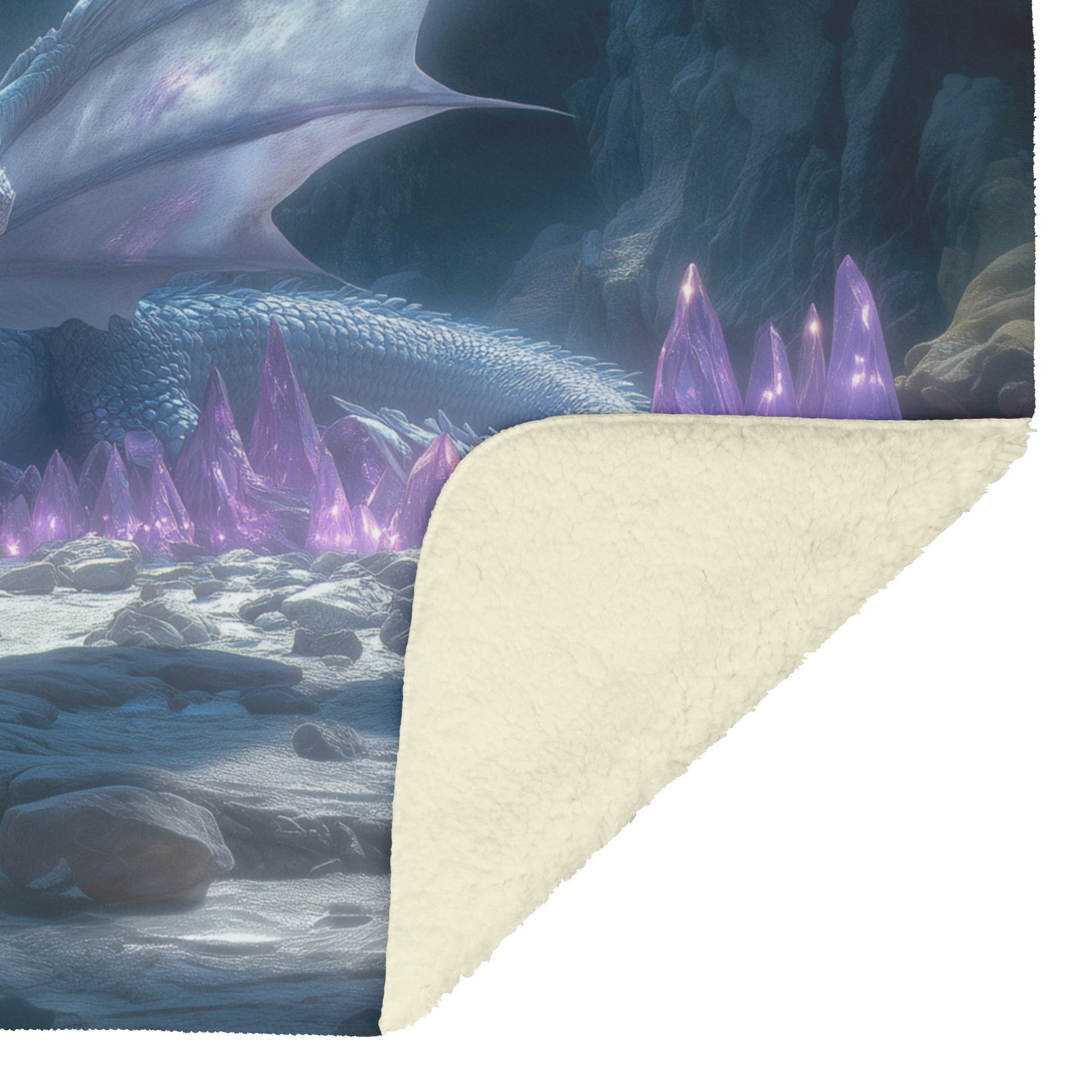 Dragon Guarding Glowing Treasure in Ancient Cavern with Crystal Shards Emitting Ethereal Light Fleece Sherpa Blanket - Awakening Righteousness