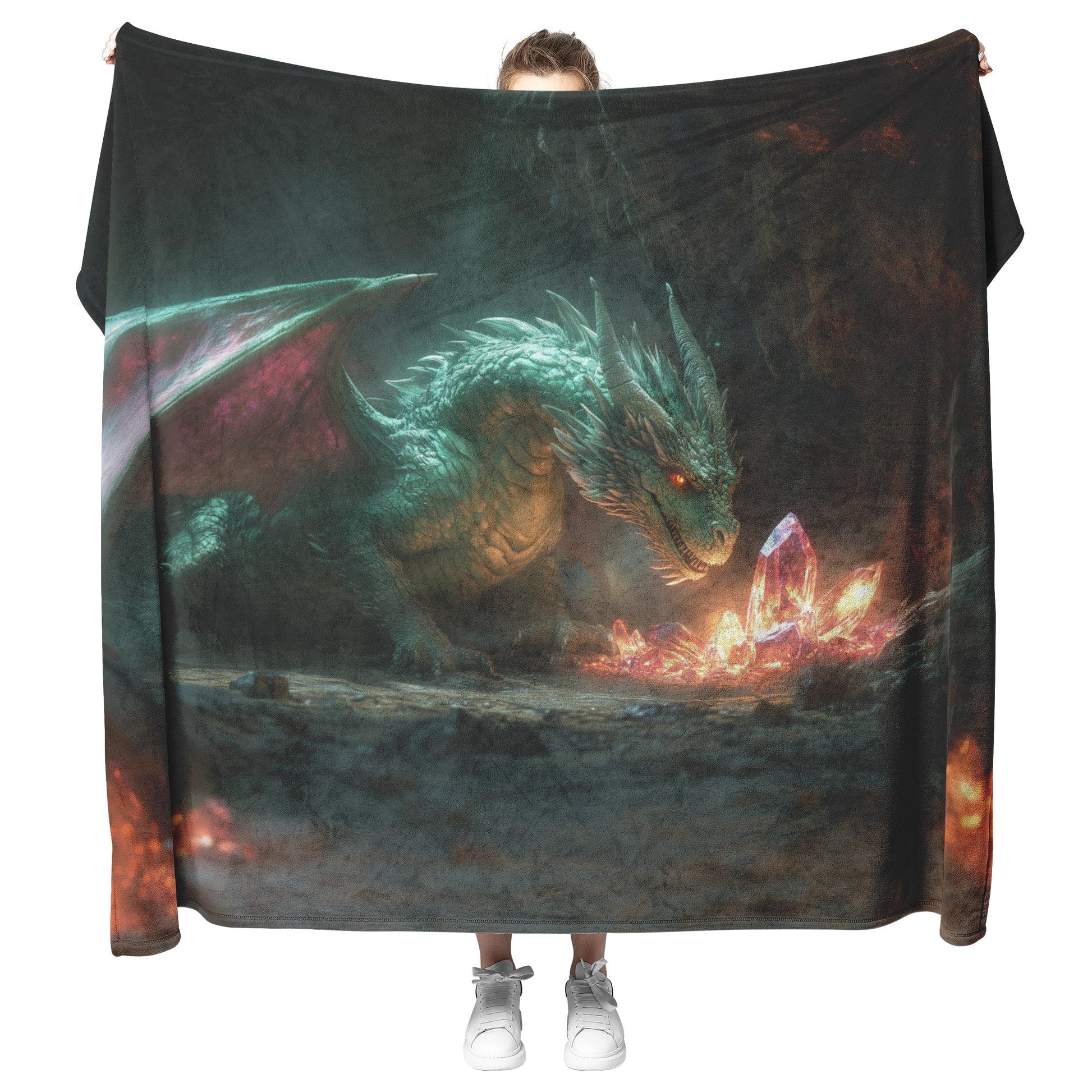 Dragon Guarding Glowing Treasure in Ancient Cavern with Crystal Shards Emitting Ethereal Light Fleece Sherpa Blanket - Awakening Righteousness