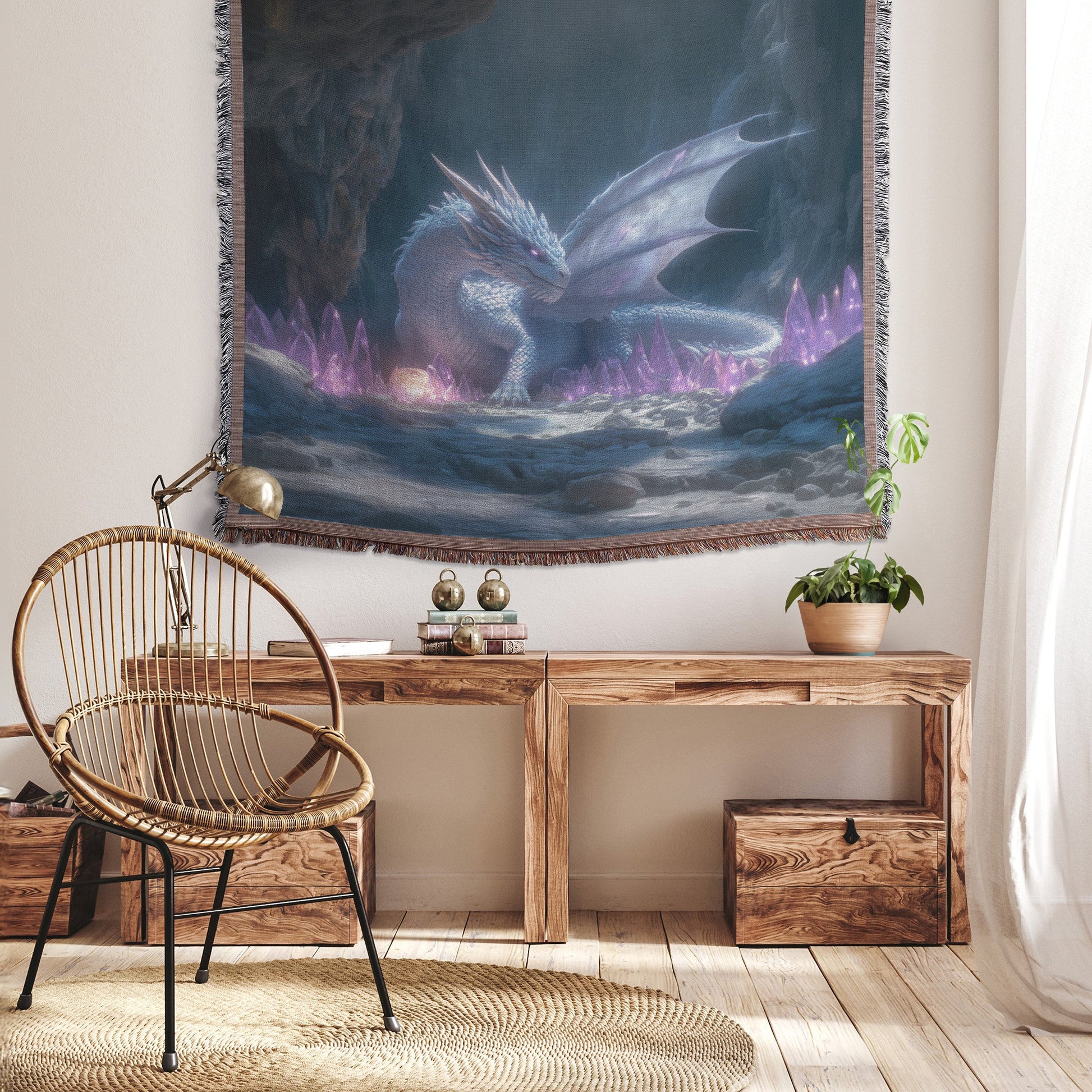 Dragon Guarding Glowing Treasure in Ancient Cavern Woven Throw Blanket with Crystal Shards and Ethereal Light - Awakening Righteousness