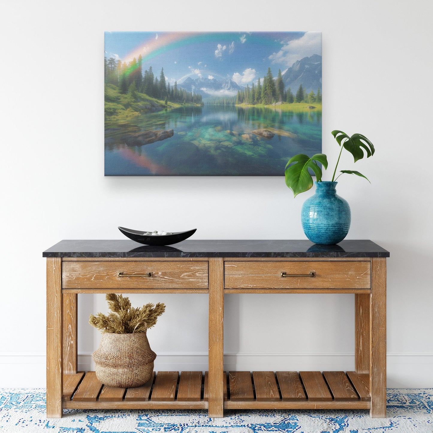 Dreamlike Rainbow Reflecting Over Alpine Lake Pine Trees Snow Capped Mountains Golden Light Canvas Wall Art - Awakening Righteousness
