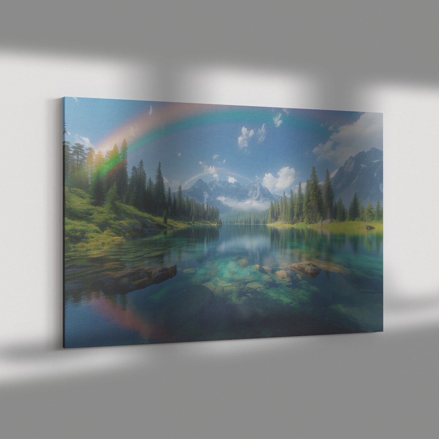 Dreamlike Rainbow Reflecting Over Alpine Lake Pine Trees Snow Capped Mountains Golden Light Canvas Wall Art - Awakening Righteousness