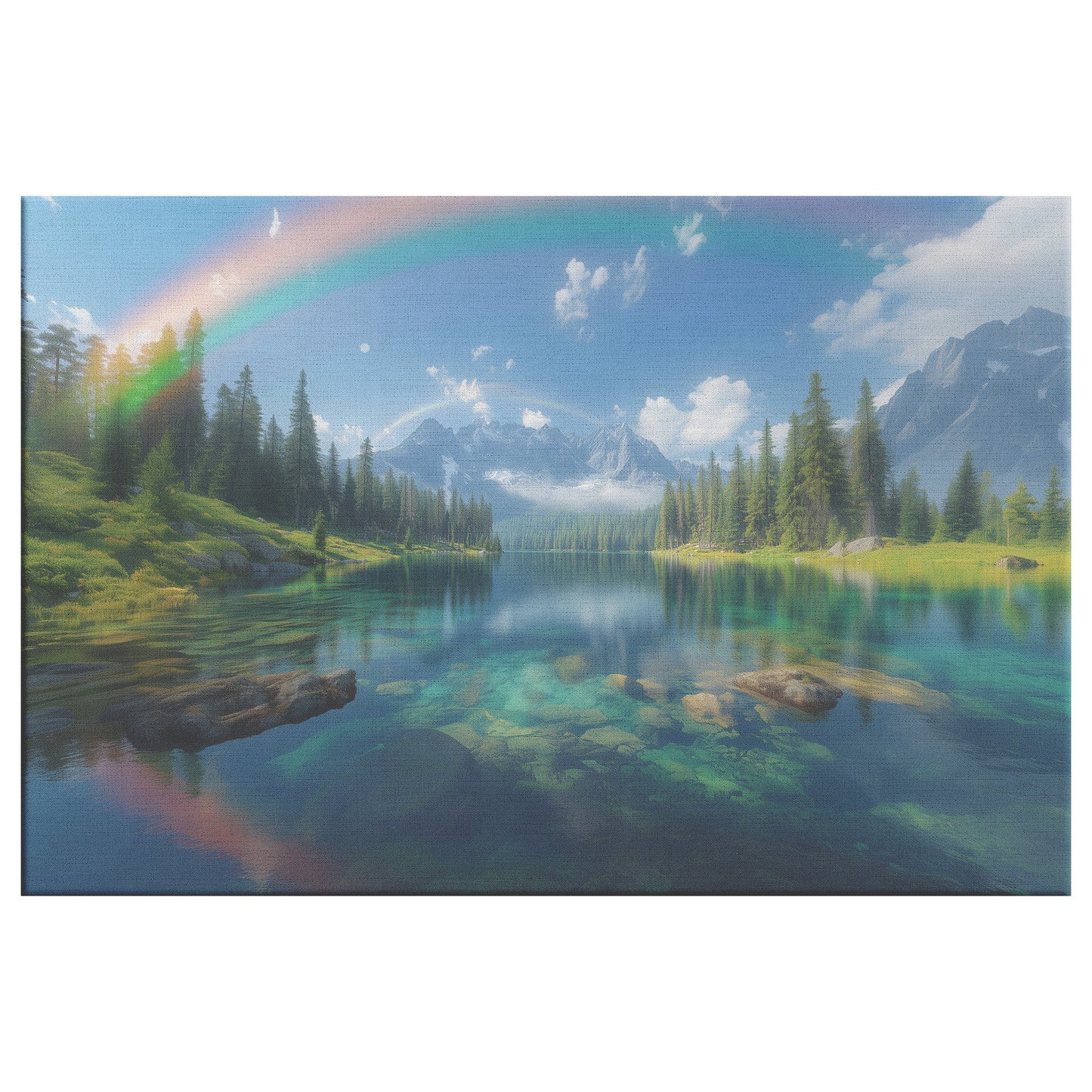 Dreamlike Rainbow Reflecting Over Alpine Lake Pine Trees Snow Capped Mountains Golden Light Canvas Wall Art - Awakening Righteousness