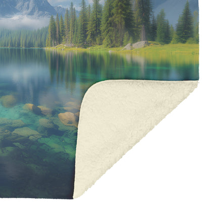 Dreamlike Rainbow Reflecting Over Crystal Alpine Lake Tall Pines Snow Capped Mountains Golden Light Fleece Sherpa Blanket - Awakening Righteousness
