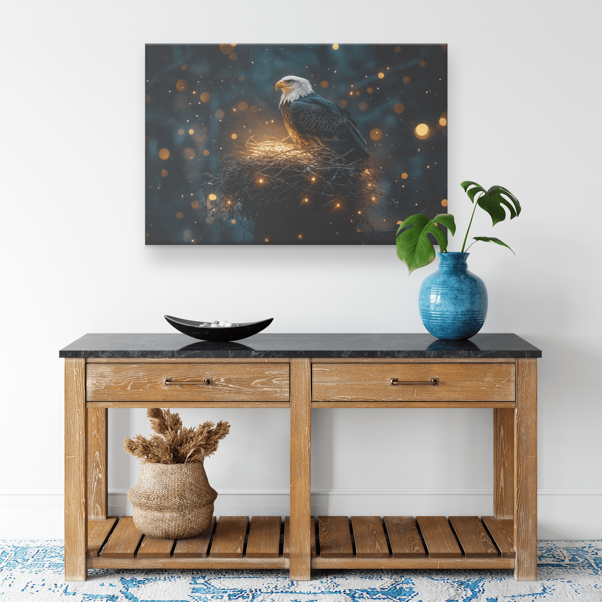 Eagle Resting In Glowing Nest Atop Towering Tree Under Star Filled Night Sky With Silver Light Canvas Wall Art Decor - Awakening Righteousness