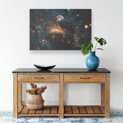 Eagle Resting In Glowing Nest Atop Towering Tree Under Star Filled Night Sky With Silver Light Canvas Wall Art Decor - Awakening Righteousness