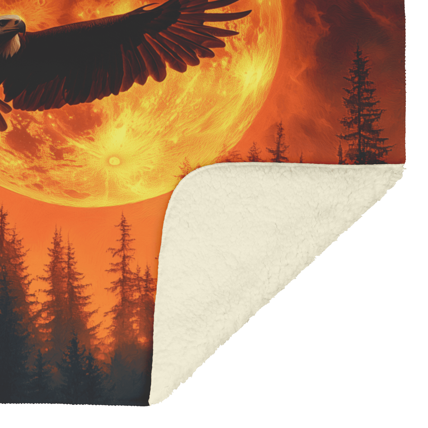 Eagle Silhouetted Against Glowing Full Moon With Wings Outstretched Soaring Gracefully Above Forest Fleece Sherpa Blanket - Awakening Righteousness