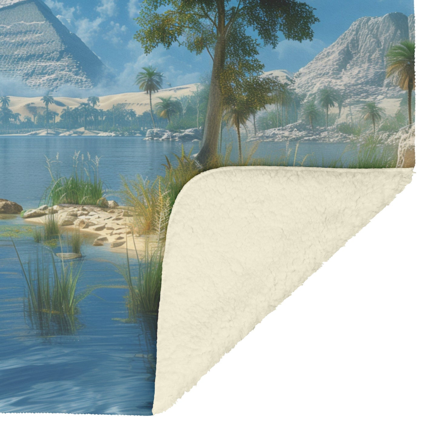 Egyptian Pyramid Landscape Fleece Sherpa Blanket Tranquil River Palm Trees Desert - Awakening Righteousness