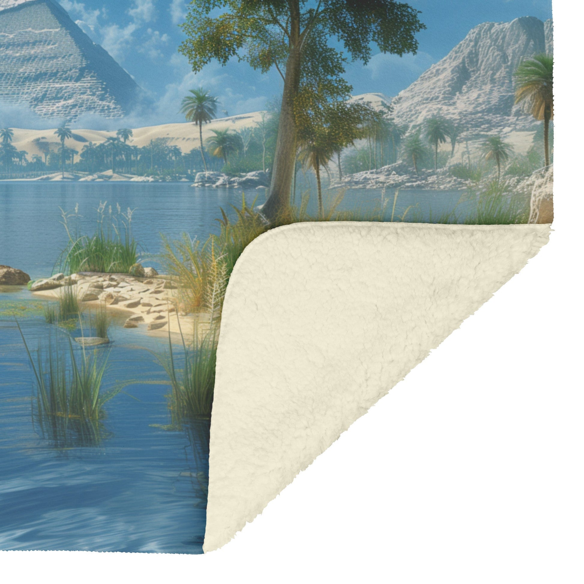 Egyptian Pyramid Landscape Fleece Sherpa Blanket Tranquil River Palm Trees Desert - Awakening Righteousness