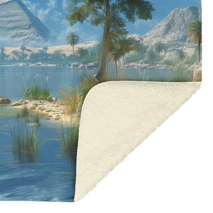 Egyptian Pyramid Landscape Fleece Sherpa Blanket Tranquil River Palm Trees Desert - Awakening Righteousness